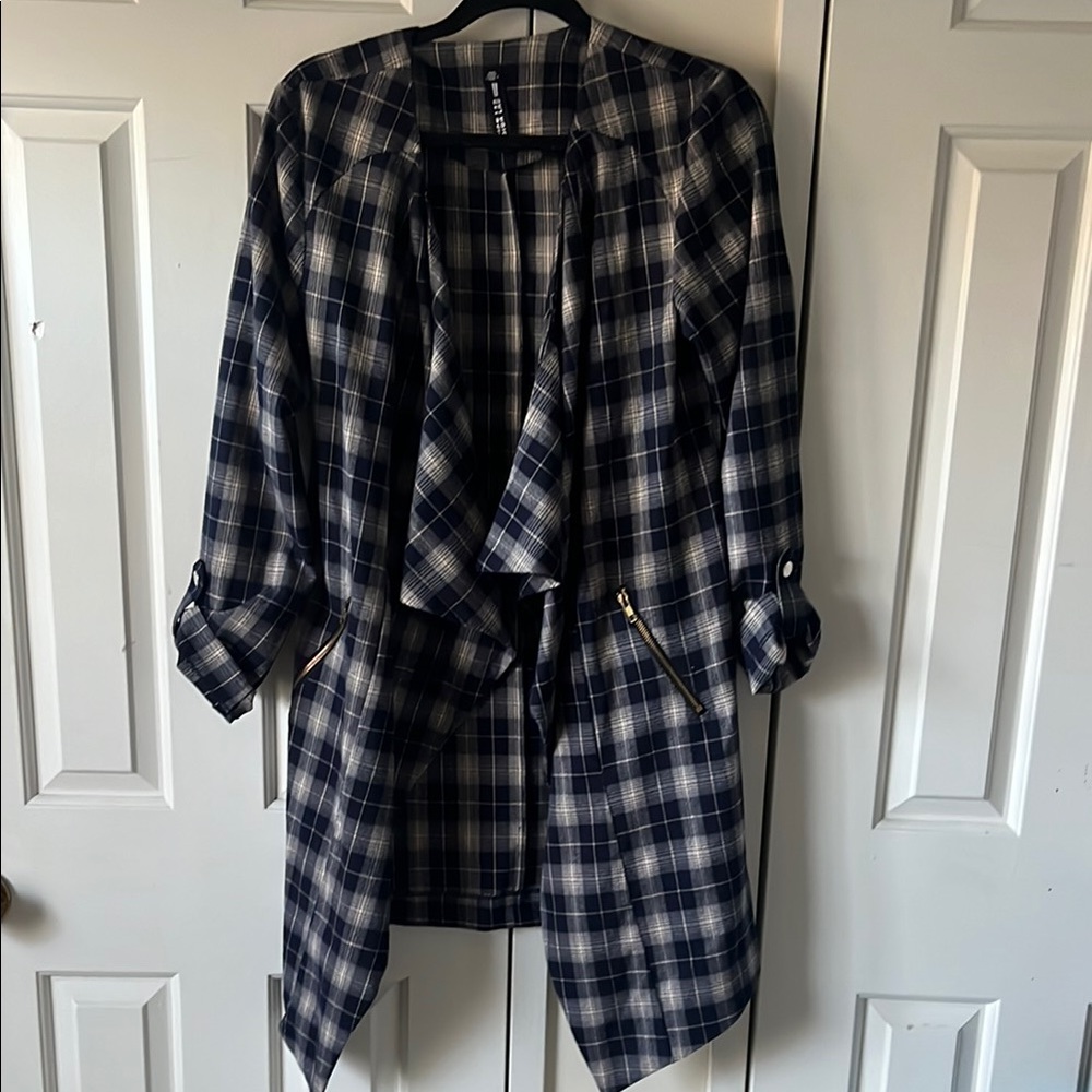 Blue Plaid Open Front Jacket